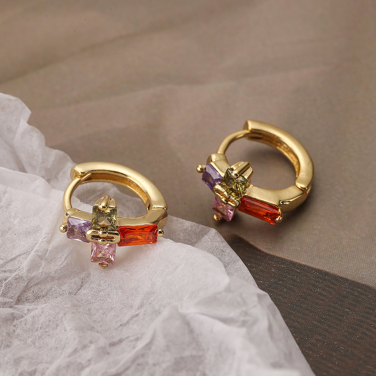 Minimalist Cross-Shaped Copper Earrings with Real Gold Plating and Zircon Accents for Women
