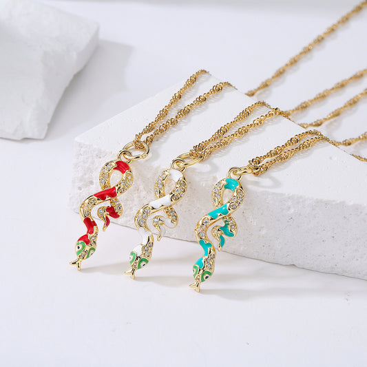 Minimalist Geometric Copper Pendant Necklace with 18K Gold Plating, Enamel Finish, and Micro-Paved Zirconia for Women