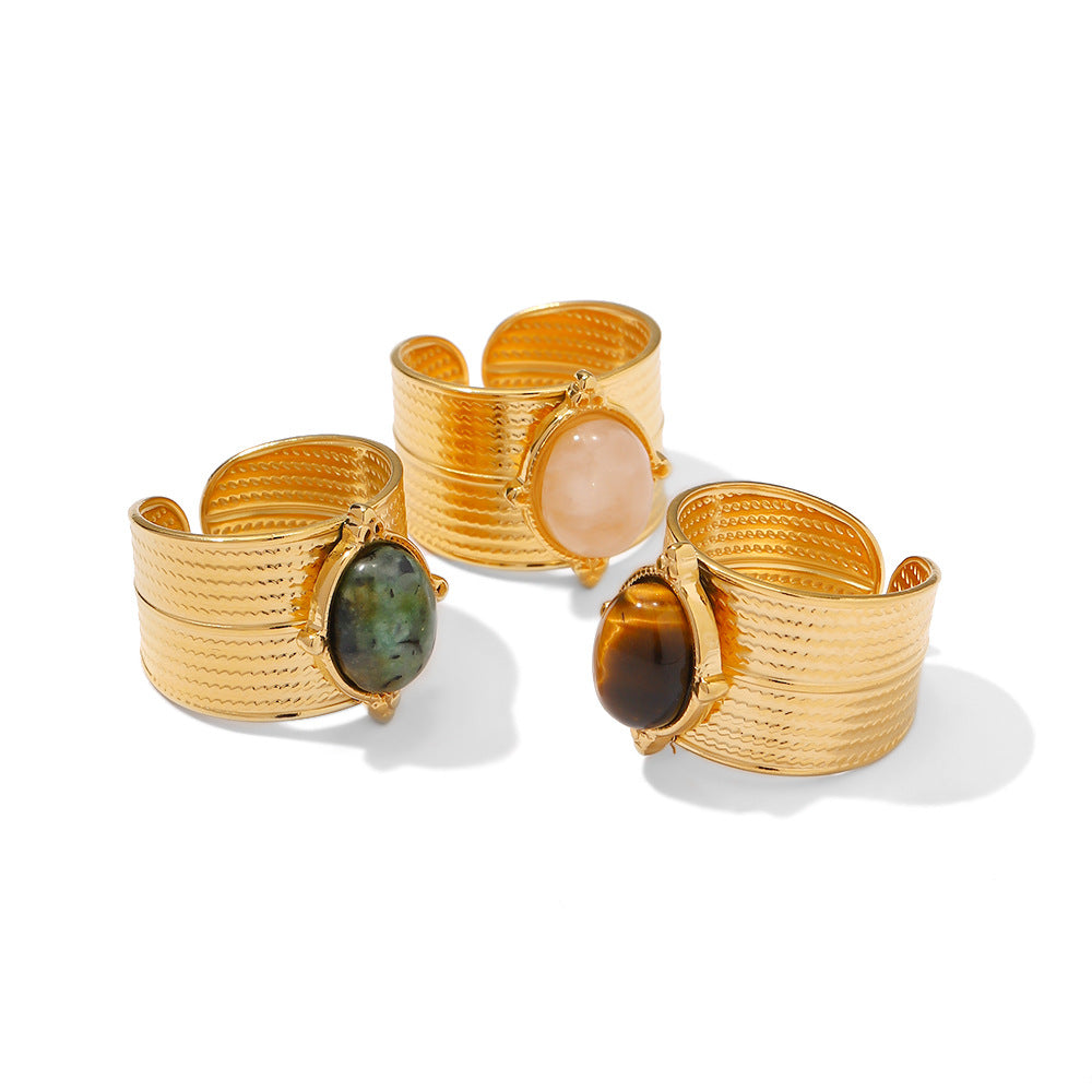 Anello da donna con intarsio in pietra, design geometrico irregolare, in acciaio inossidabile placcato oro 18K, stile vintage francese