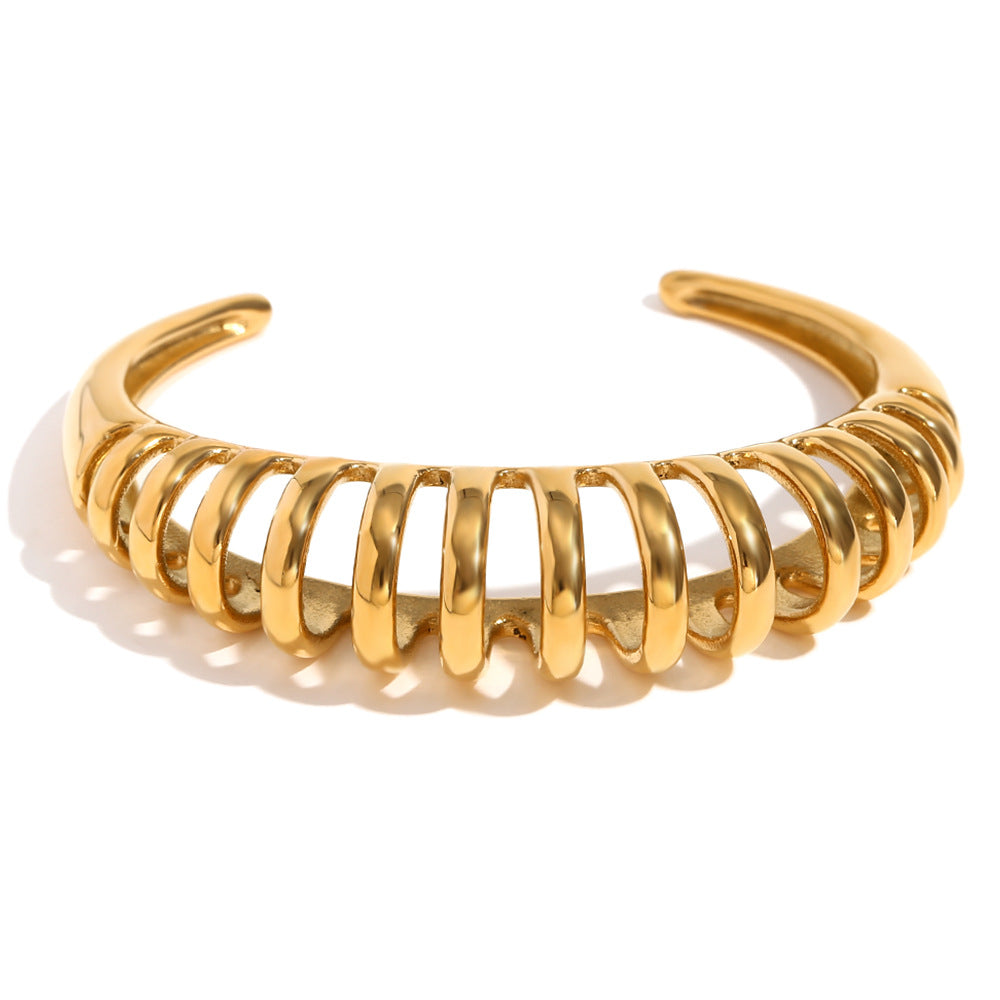 Minimalist Wave-Shape Stainless Steel Plated 18K Gold Hollow Bangle for Women