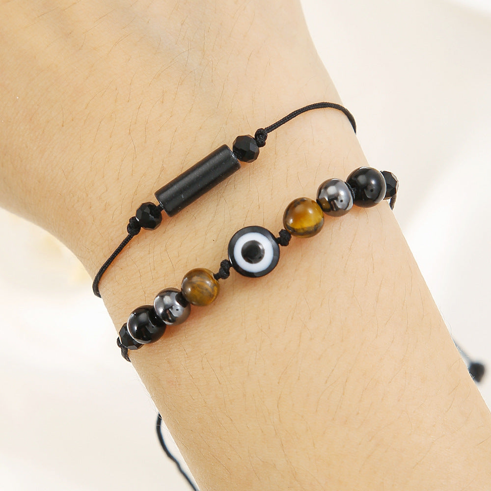 Minimalist Handmade Cylindrical Beaded Stone Bracelet with Rose Quartz Tiger Eye Hematite and Black Agate for Unisex