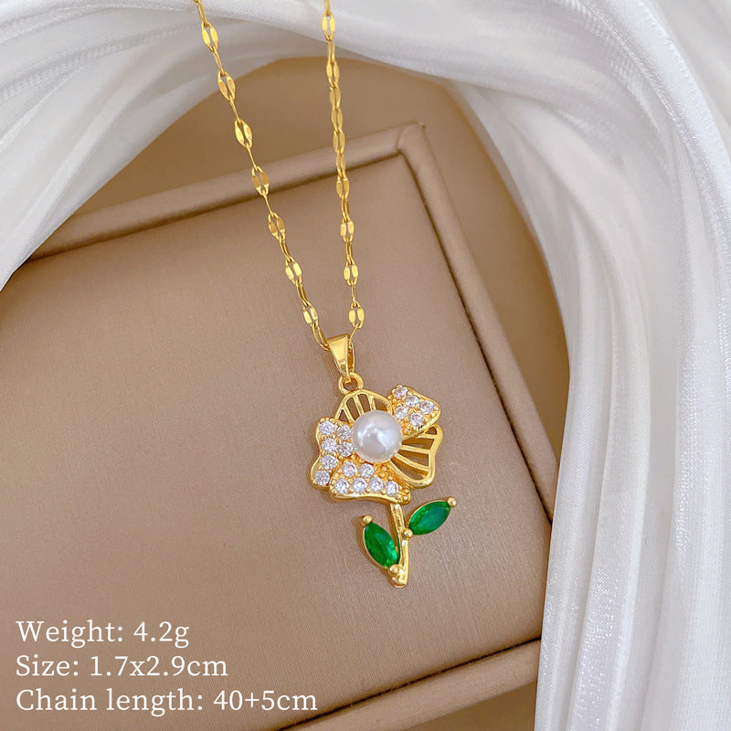 Sweet Minimalist Hollow Leaf Flower Moon Rhinestone Pendant Titanium Steel Necklace Set for Unisex
