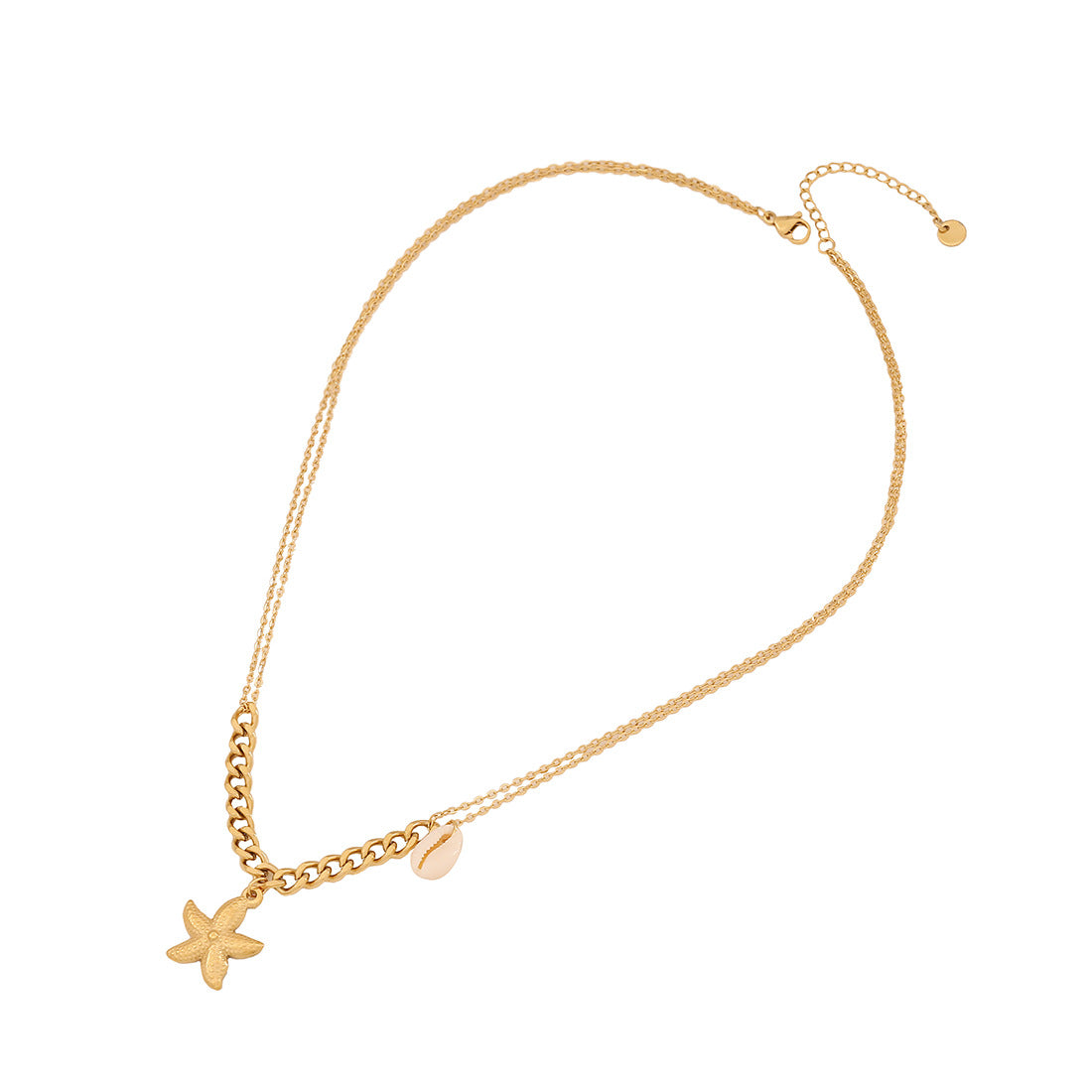 Collana con Pendente a Stella Marina e Conchiglia in Acciaio Inossidabile con Finitura Placcata su Catenina a O, Stile Vacanza Oceano alla Moda, per Donne