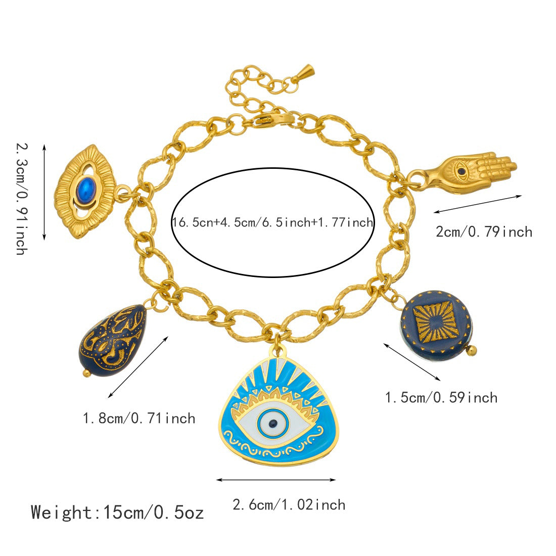 Fashion Geometric Drip Oil Plated Stainless Steel Bracelet with Irregular Blue Eye Palm Pendant for Women