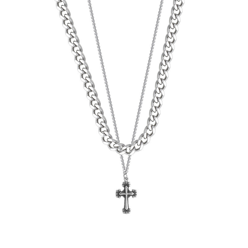 Collana Pendente a Croce Minimalista con Maglie Cubane in Acciaio al Titanio con Finitura Lucida Unisex