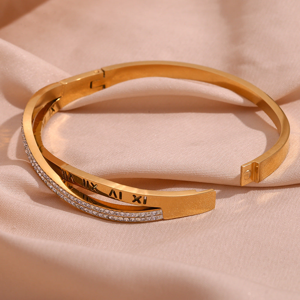 Minimalist Geometric Stainless Steel Plated 18K Gold Cross-Set Rhinestone Bracelet for Women
