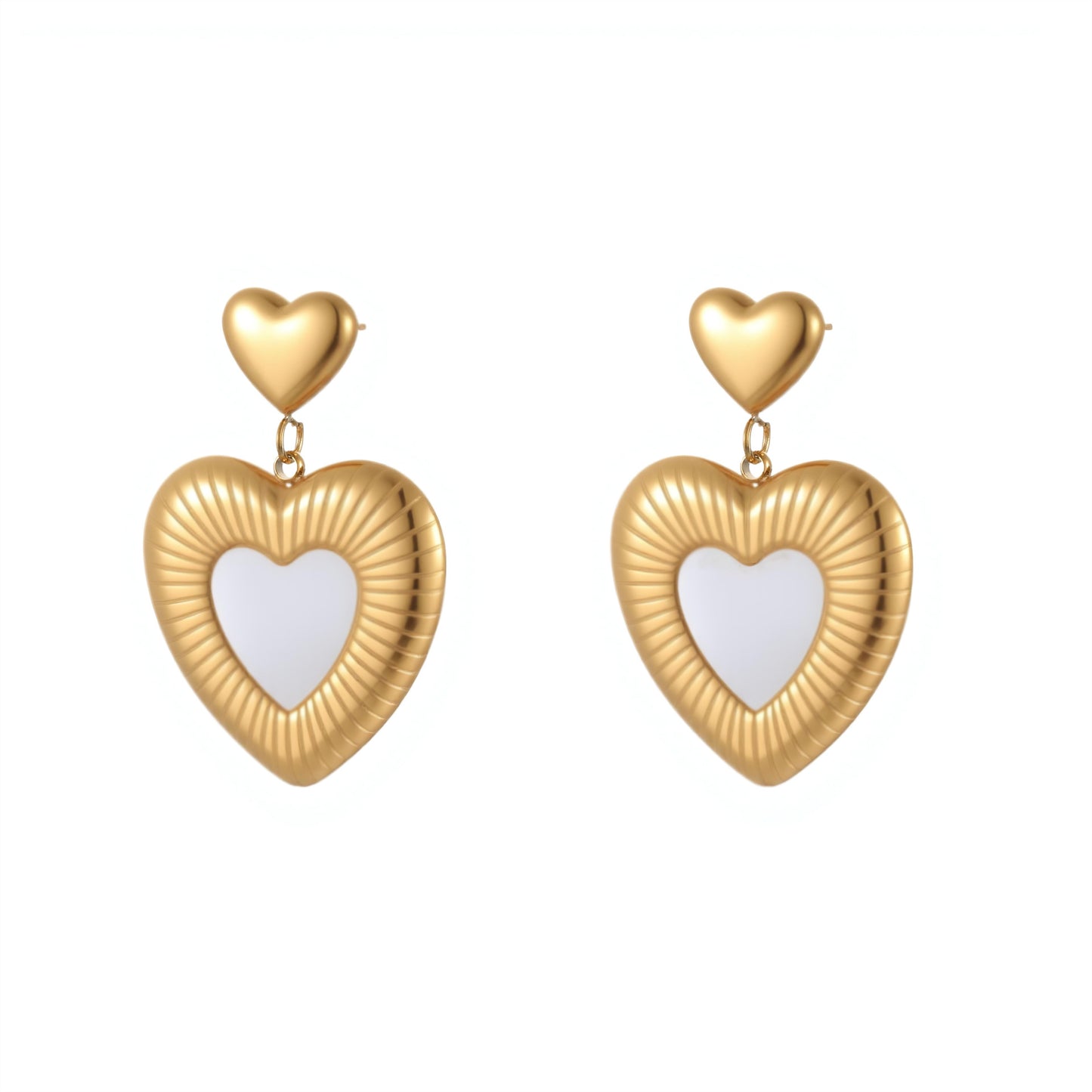 Minimalist Heart-Shaped Stainless Steel Earrings with White Mother-of-Pearl Inlay, Plated Finish, Elegant Women's Luxury Ear Jewelry