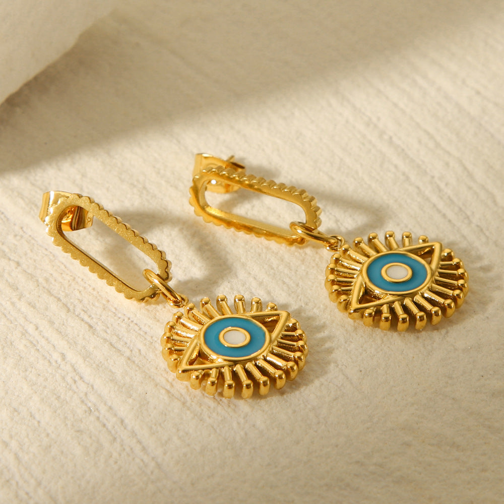 Pendientes Minimalistas Geométricos de Acero Inoxidable con Diseño de Ojo Turco Esmaltado para Mujer