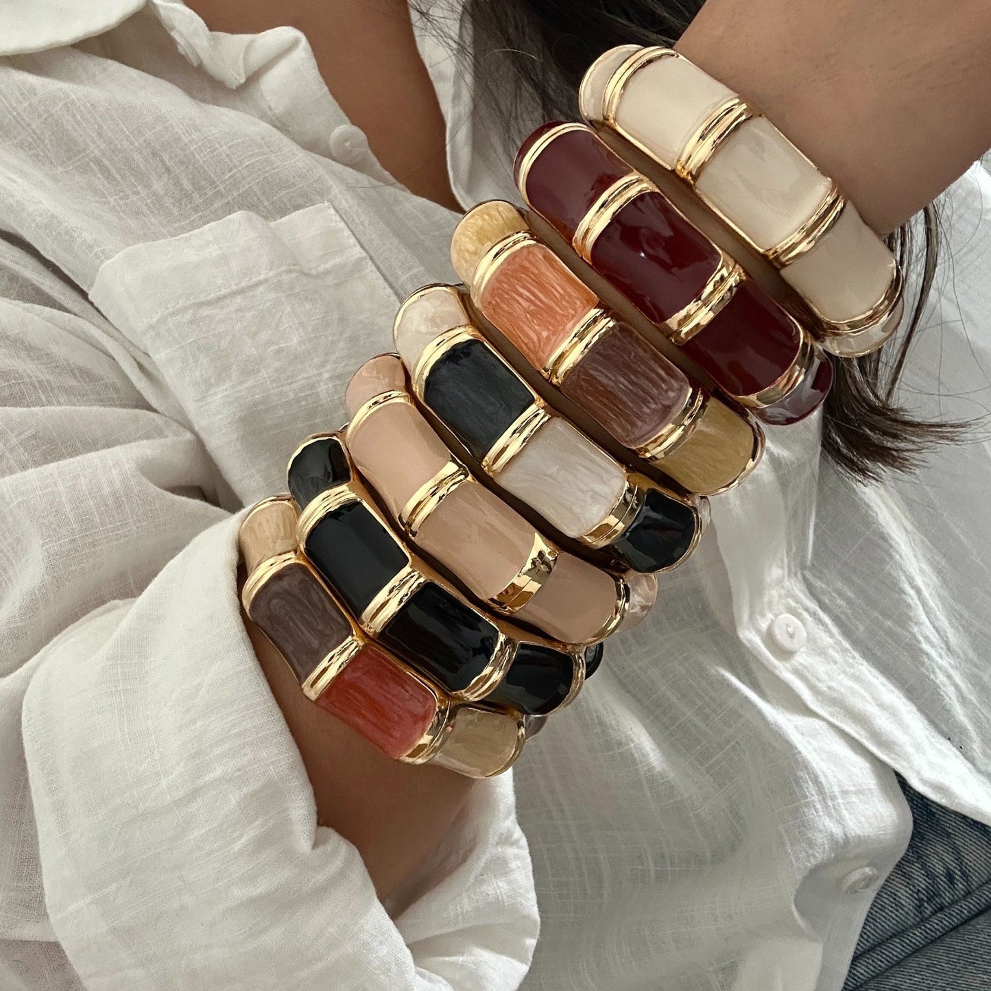 Bracciale da donna a polsino in lega smaltata pesante vintage con bambù geometrico