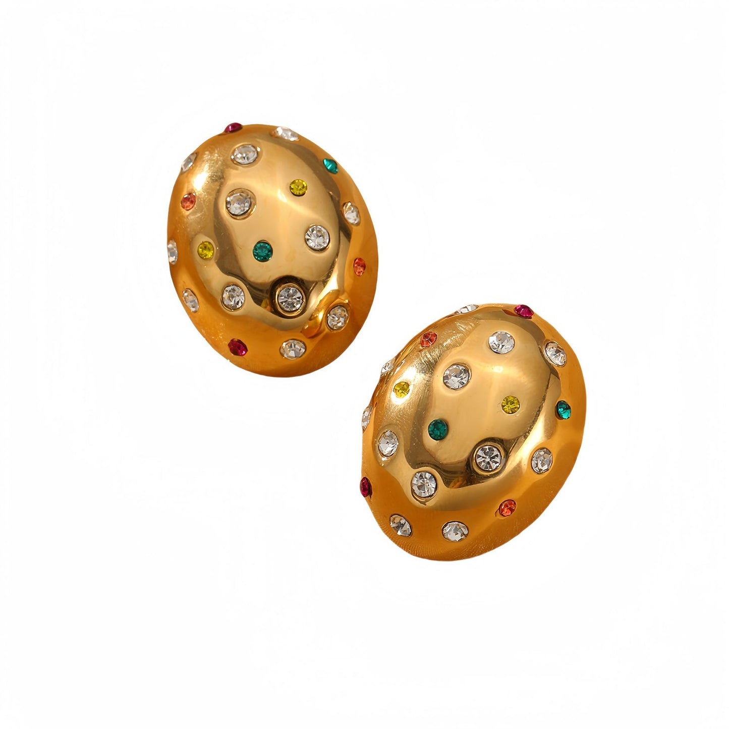 Fashionable Oval-Shaped Titanium Steel Stud Earrings for Women with Rhinestone Inlay and Plated Finish