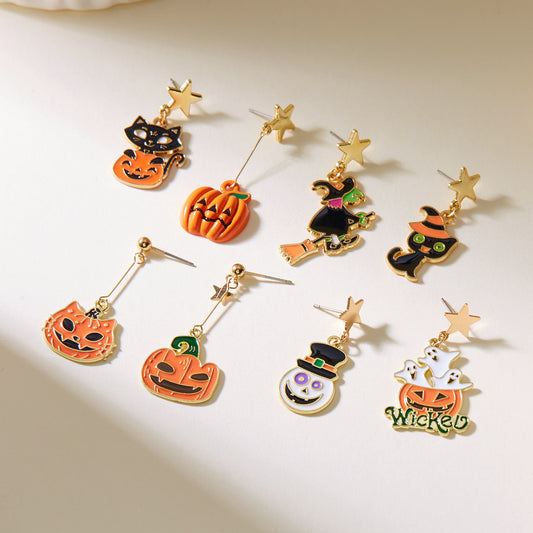 Pendientes asimétricos de aleación con diseño de calabaza y fantasma para mujer, con baño, temática de Halloween