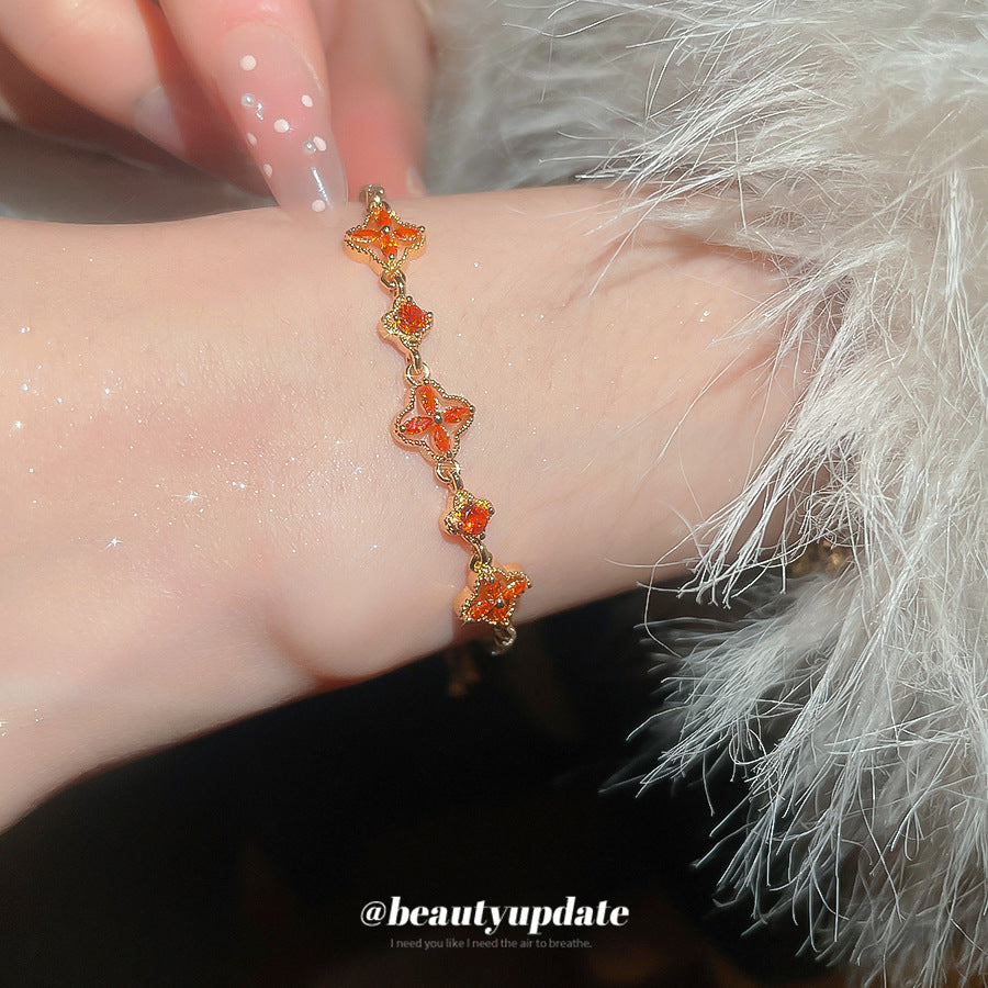 Elegant Floral Bracelet for Women with 18K Gold Plating and Zircon Inlay, Vintage-Inspired Luxury Hand Jewelry