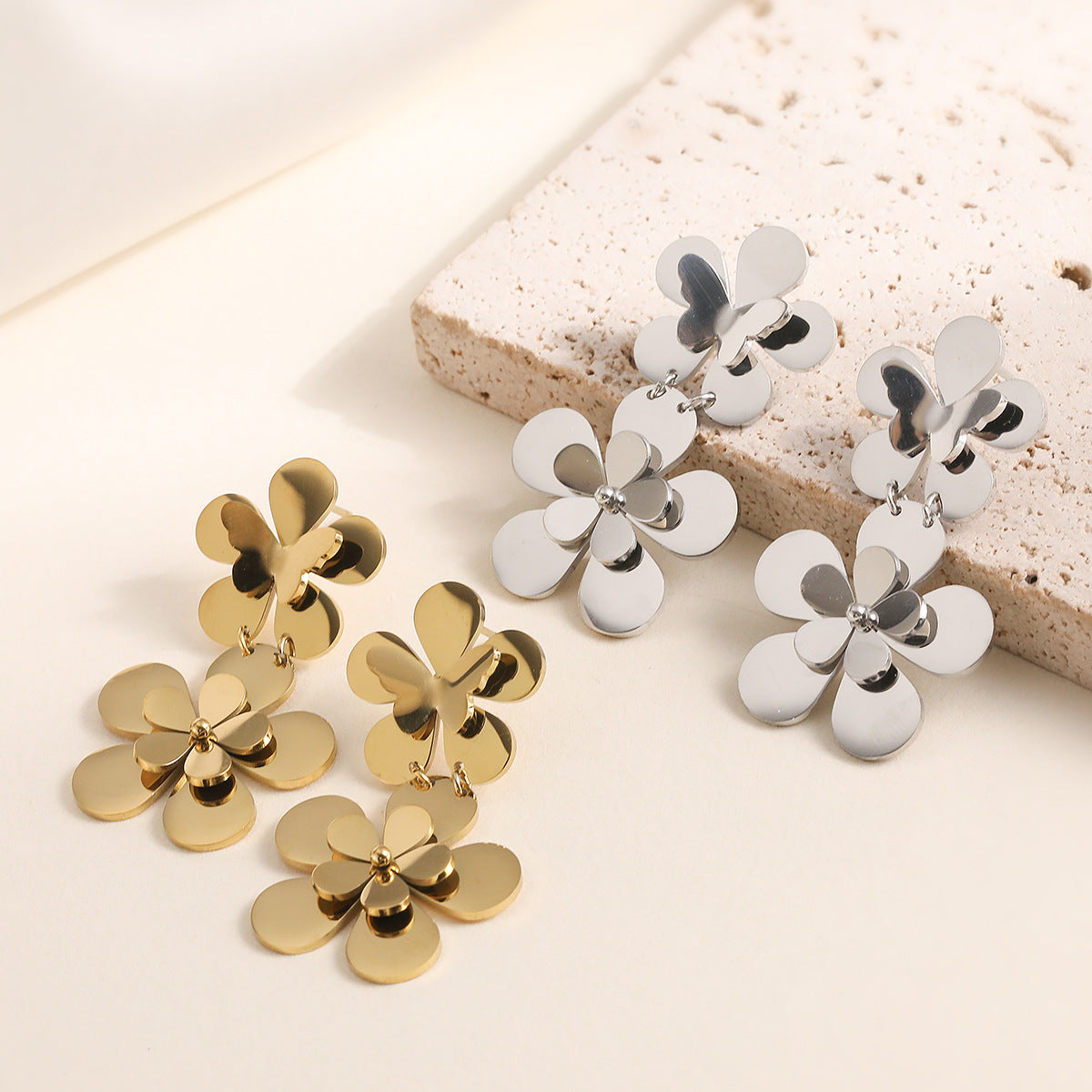 Minimalist 18K Gold Plated Stainless Steel Geometric Flower Drop Earrings for Women