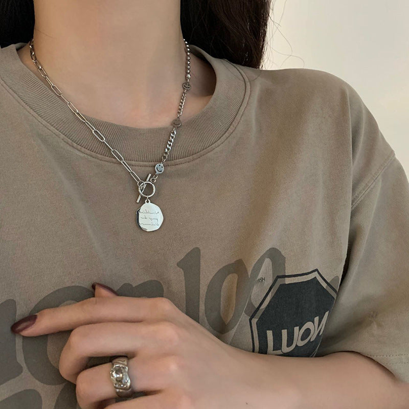 Minimalist Smile Face Letter Pendant Necklace in Titanium Steel with Plated Finish for Women and Men