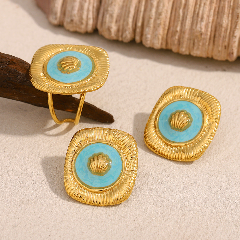 Vintage-Style Square Shell Stud Earrings and Open Ring Set in Stainless Steel with 18K Gold Plating and Enamel Finish for Women