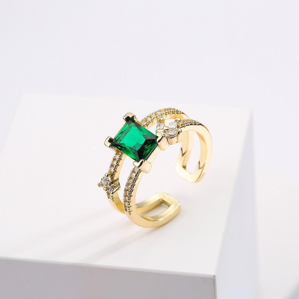 Anello minimalista geometrico in rame placcato oro 18K con zirconi verdi micro-incastonati da donna