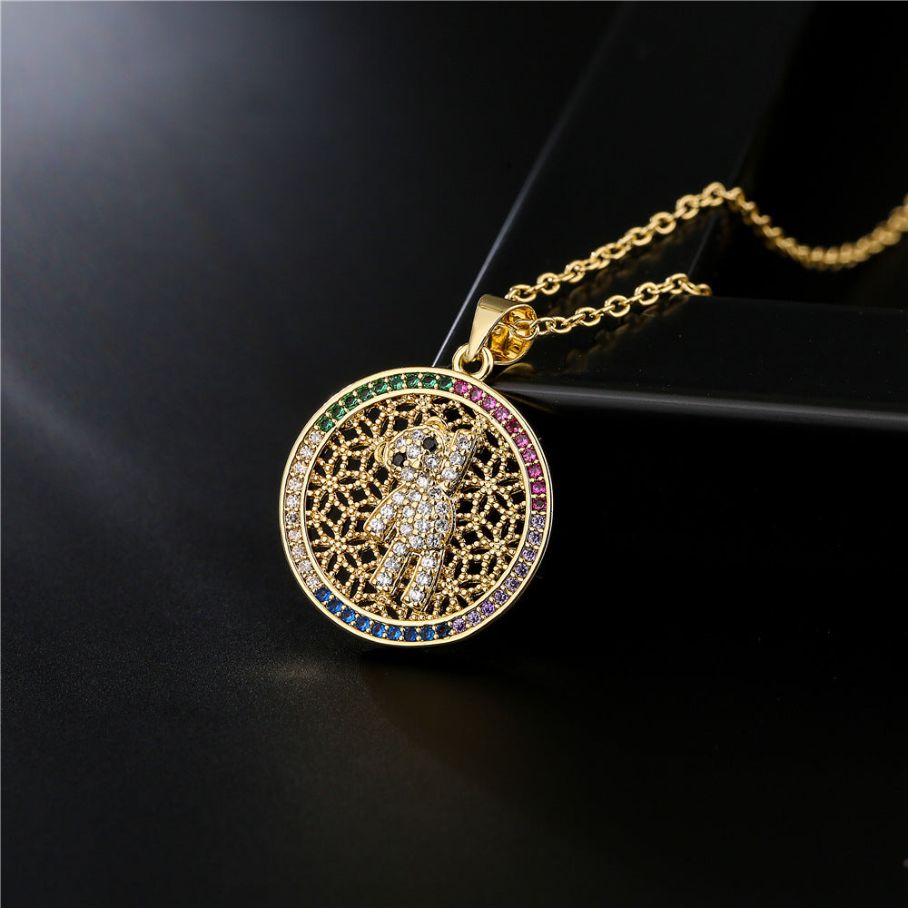Micro-Inlaid Cubic Zirconia Bear Heart Round Geometric Brass Pendant Necklace with Cable Chain