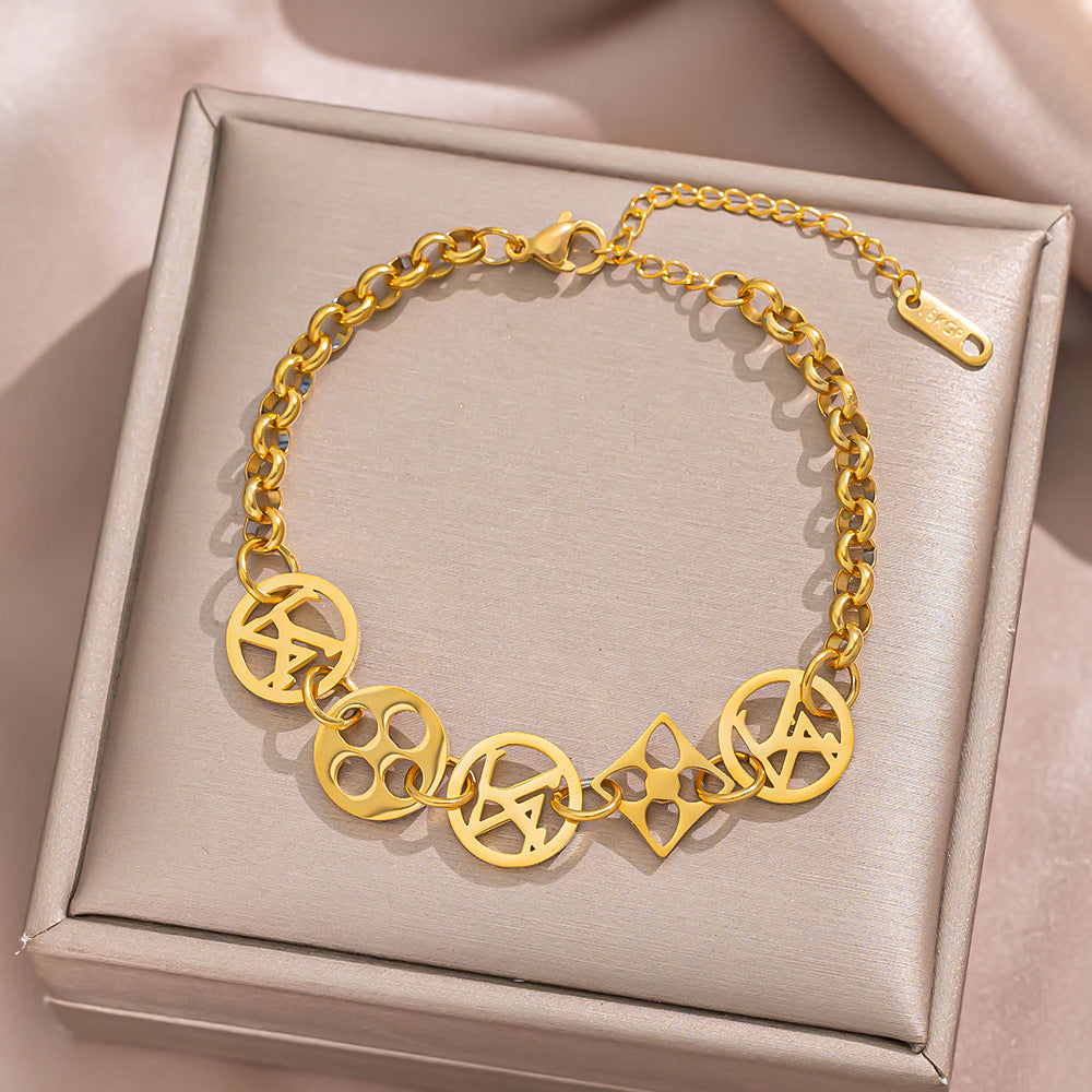 Vintage Minimalist Titanium Steel Letter Charm Bracelet with Vacuum Plating for Women