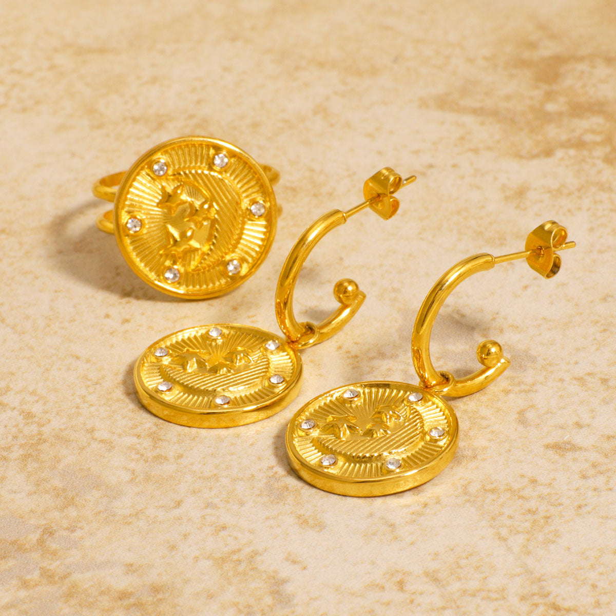 Minimalist Geometric Moon and Star Pendant Set in Stainless Steel with 18K Vacuum Plated Gold Finish for Women