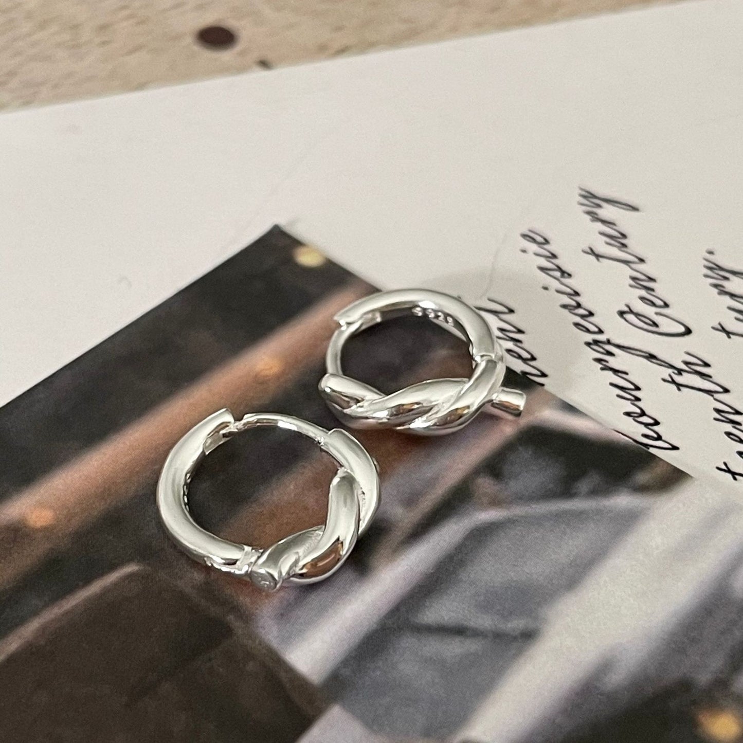 Natural Minimalist Star-Shaped Handmade 925 Sterling Silver Knot Hoop Earrings