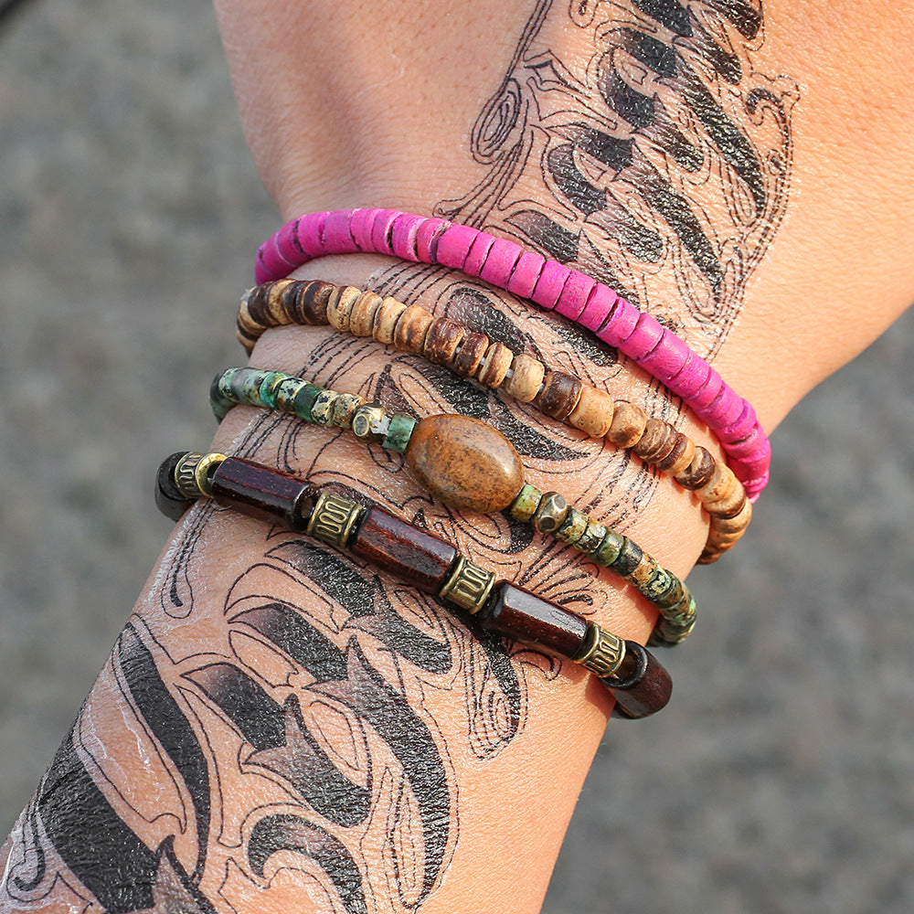 Vintage Bohemian Ethnic Round Geometric Wood Beaded Stretch Bracelet