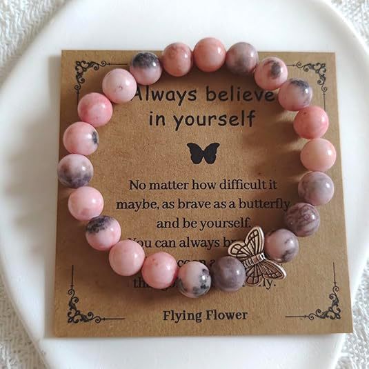Natural Pink Zebra Stone Butterfly Geometric 800 Silver Beaded Bracelet Unisex Casual Business Fashion