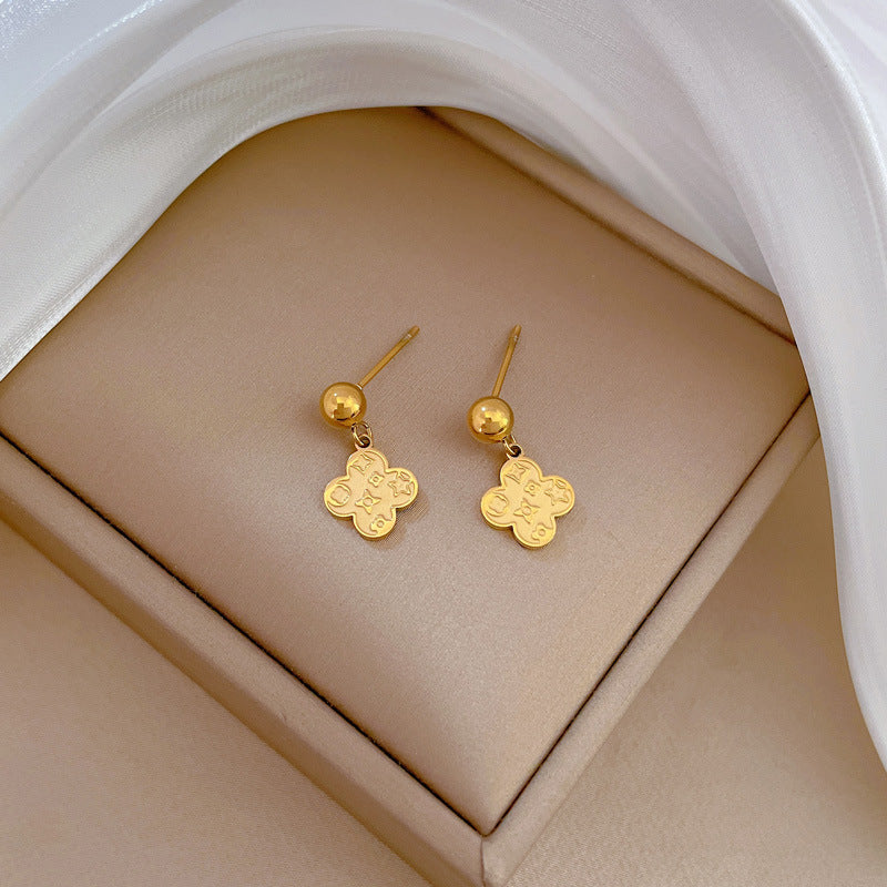 Pendientes de acero de titanio geométricos minimalistas con trébol de la suerte para mujer