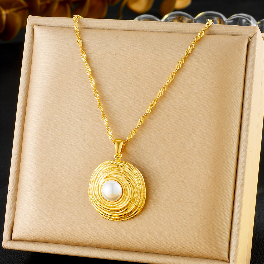 Vintage Elegant 18K Gold Plated Round Wire-Wrapped Pearl Stainless Steel Necklace Earring Ring Set