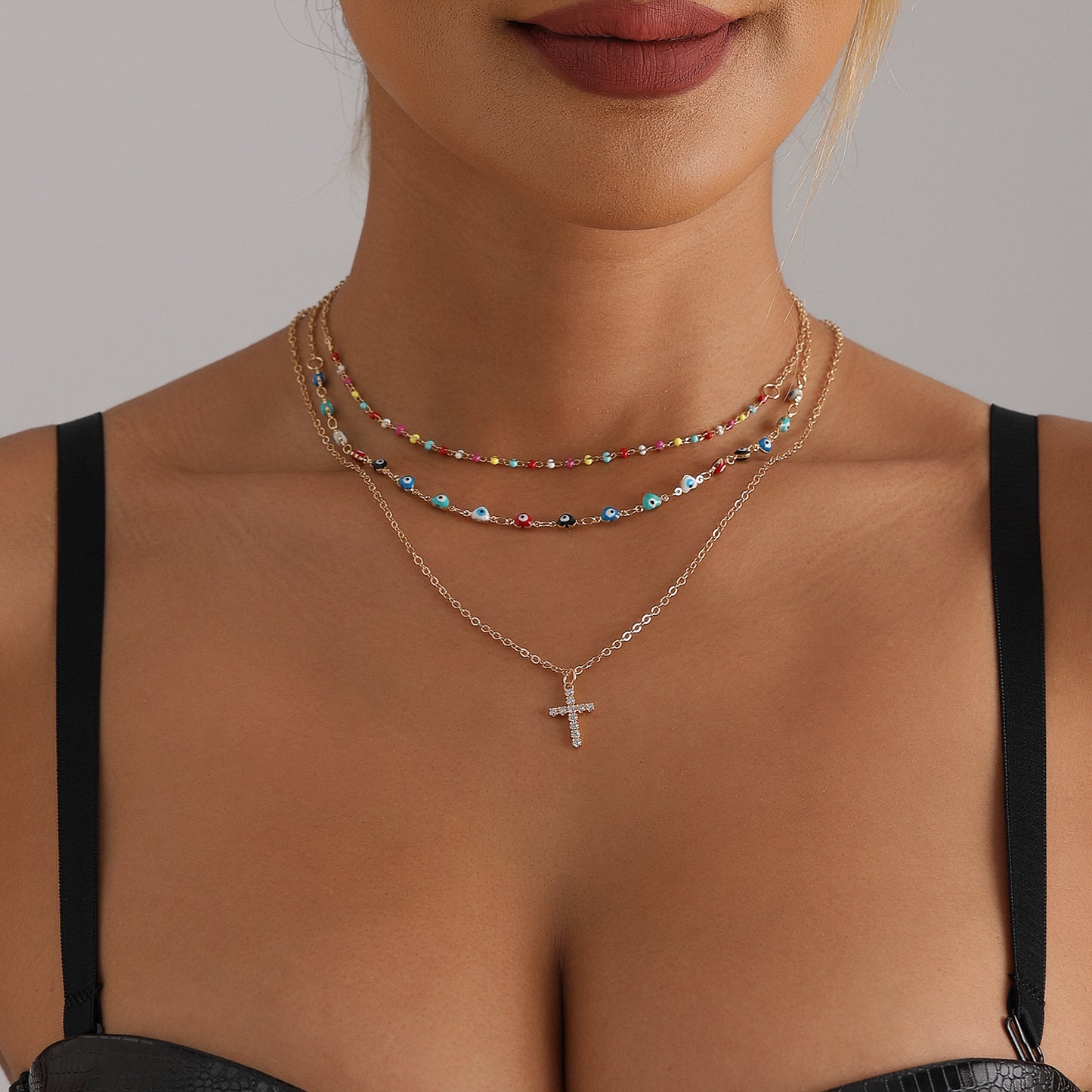 Vintage Style Evil Eye and Cross Pendant Necklace for Women with Alloy Material Plated Finish Geometric U-Shaped Design Collarbone Chain