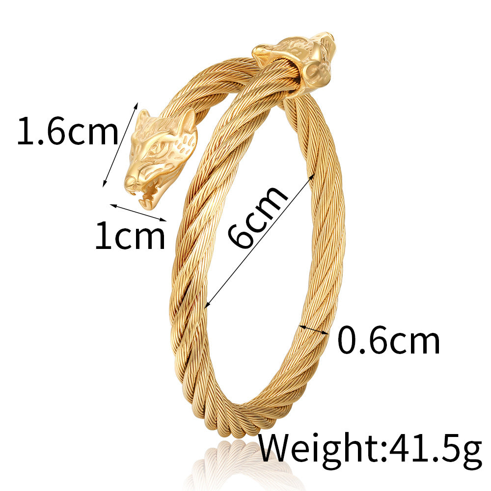Hip-hop Punk Wolf Head Animal Titanium Steel Plated Open Cuff Bracelet for Men
