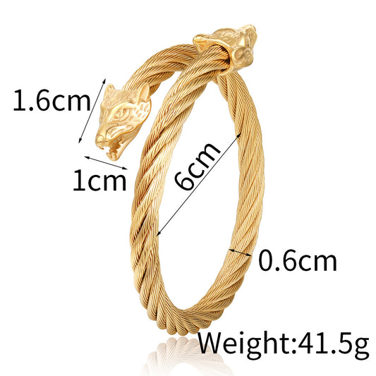 Hip-hop Punk Wolf Head Animal Titanium Steel Plated Open Cuff Bracelet for Men