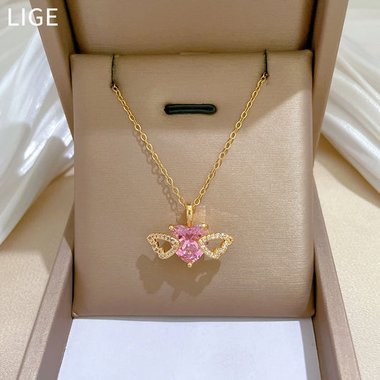 Elegant Hollow Heart Wing Pendant Necklace for Women Stainless Steel Delicate Clavicle Chain with Rhinestone Accents