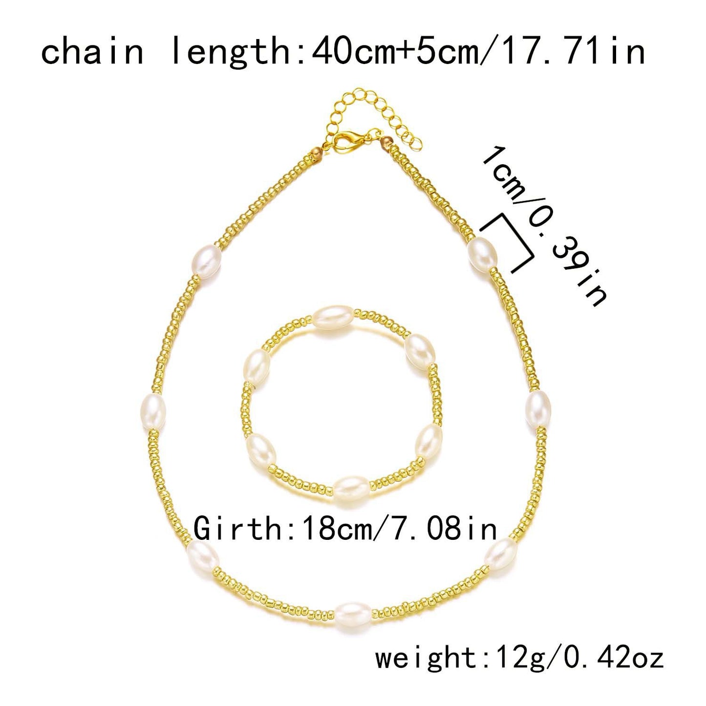 Elegant Oval Alloy Plated Pearl Beaded Necklace Bracelet Set for Women