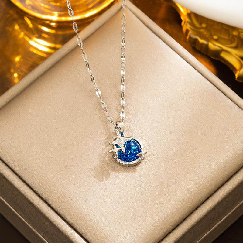 Minimalist Star and Moon Pendant Necklace for Women in Titanium Steel with Rhinestone Inlay and Plated Finish