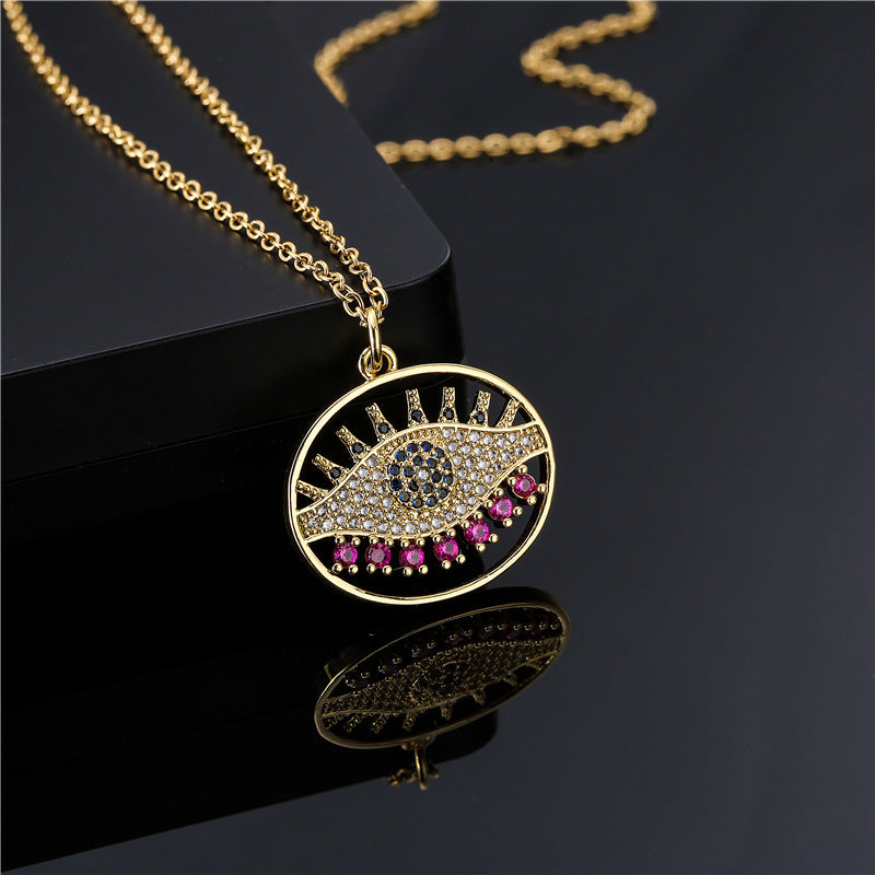 Minimalist Vintage Geometric Brass Micro-Inlaid Cubic Zirconia Evil Eye Pendant Necklace with Cable Chain