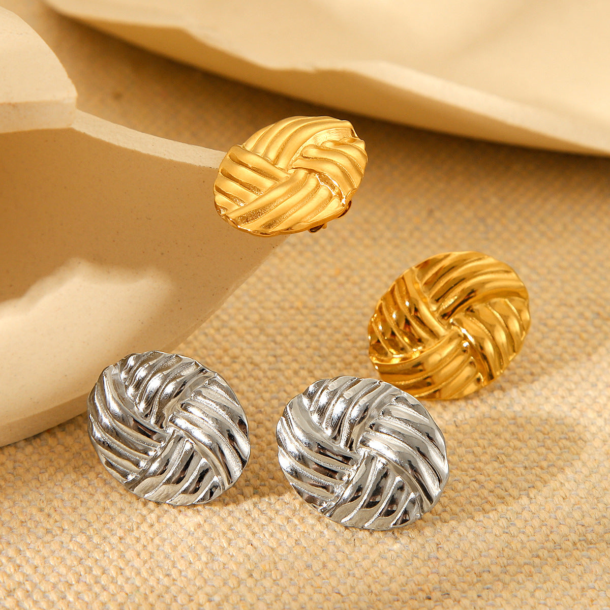 Minimalist Round Titanium Steel Earrings with 18K Gold Plating and Woven Texture for Women