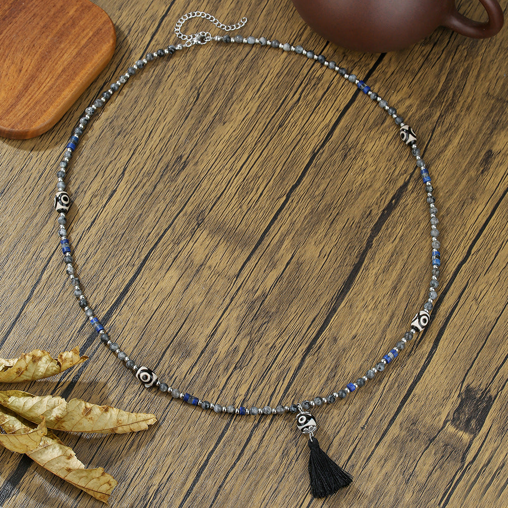 Unique Geometric Round Synthetic Dzi Bead Glitter Stone Tassel Necklace with Cable Chain for Unisex