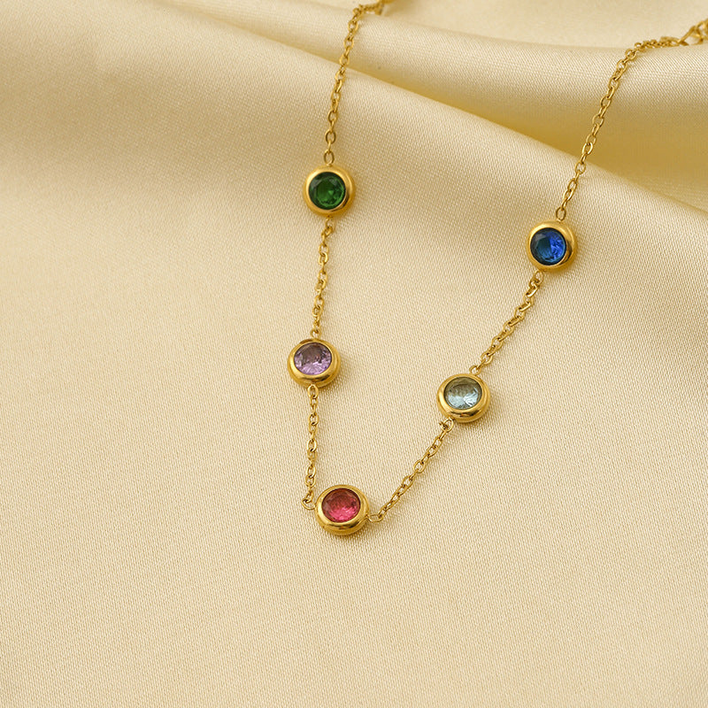 Fashionable Vintage Minimalist Geometric Rhinestone-Set 18K Gold-Plated Titanium Steel Colorful Bracelet for Women