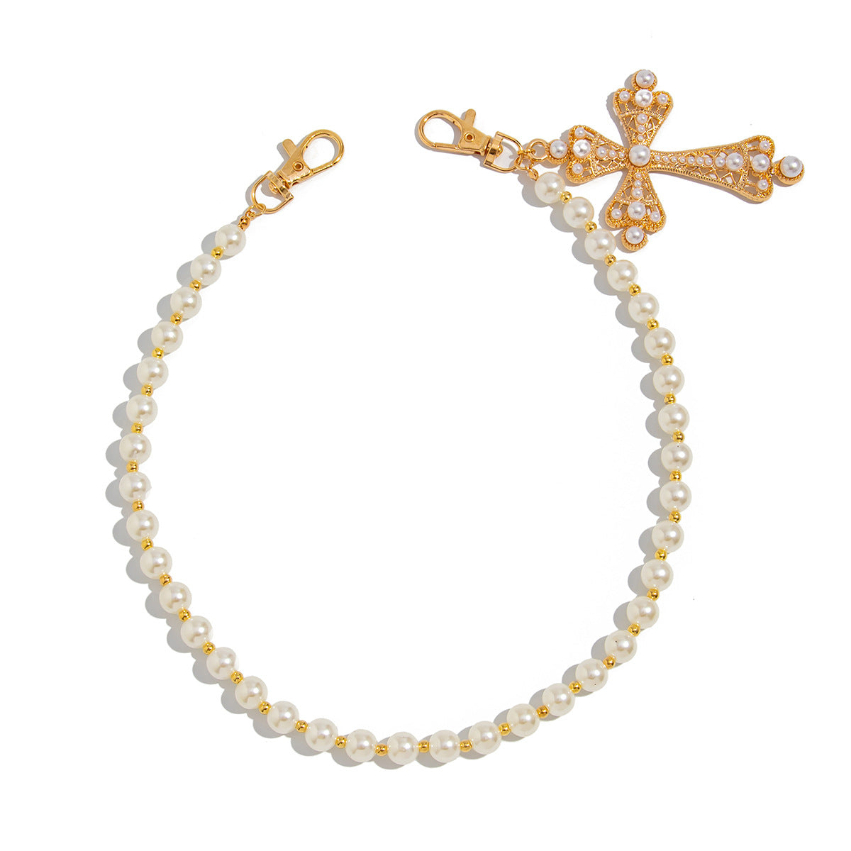 Cadena de cintura estilo punk con colgante de cruz para mujer con detalles de micro-pavé y adornos que simulan perlas