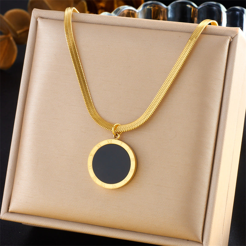 Minimalist Fashion Stainless Steel Geometric Round Roman Numerals Pendant Necklace