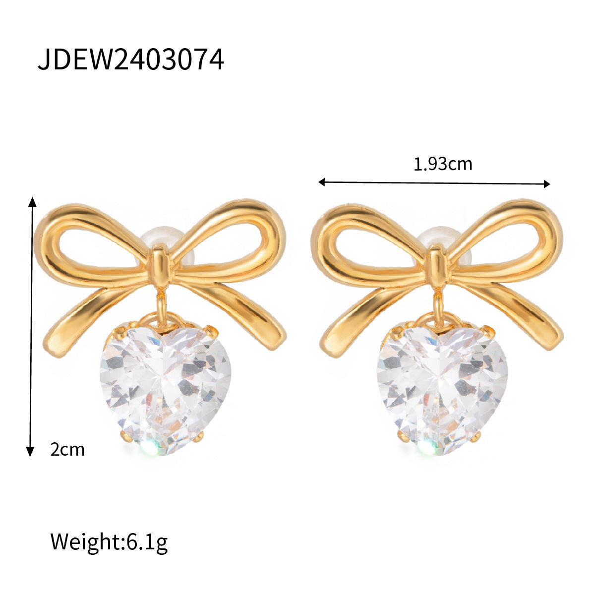 Elegant Heart Bow Stainless Steel Stud Earrings with Cubic Zirconia Plated Finish for Women