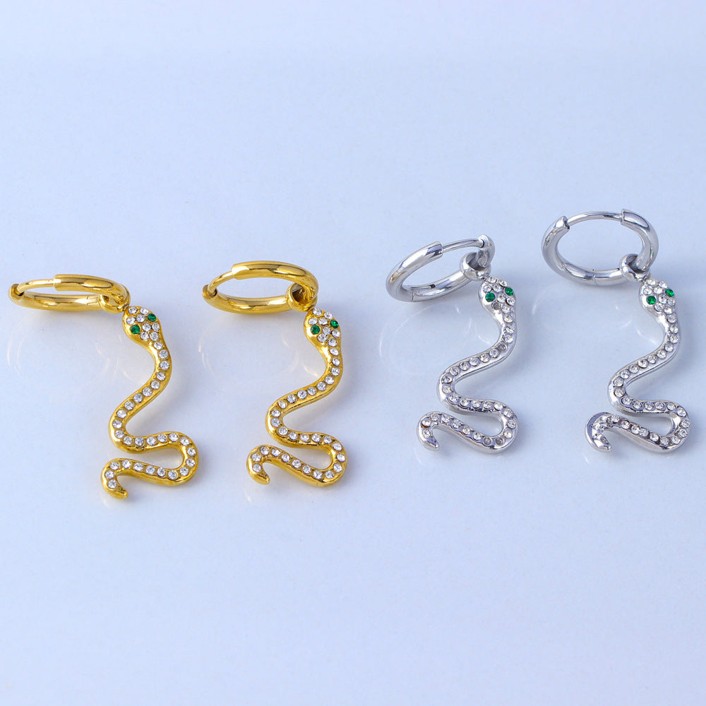 Orecchini da donna alla moda a forma di serpente geometrico in acciaio inossidabile con placcatura in oro 18 carati e intarsio completo di zirconi