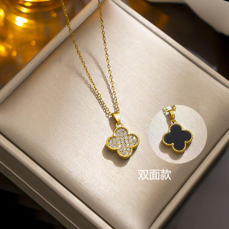 Minimalist Clover Pendant Necklace in Titanium Steel with Gold Plating and Rhinestone Inlay for Women