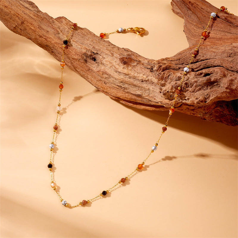 Vintage Fashion Geometric Colored Stone Beaded Stainless Steel Plated Necklace