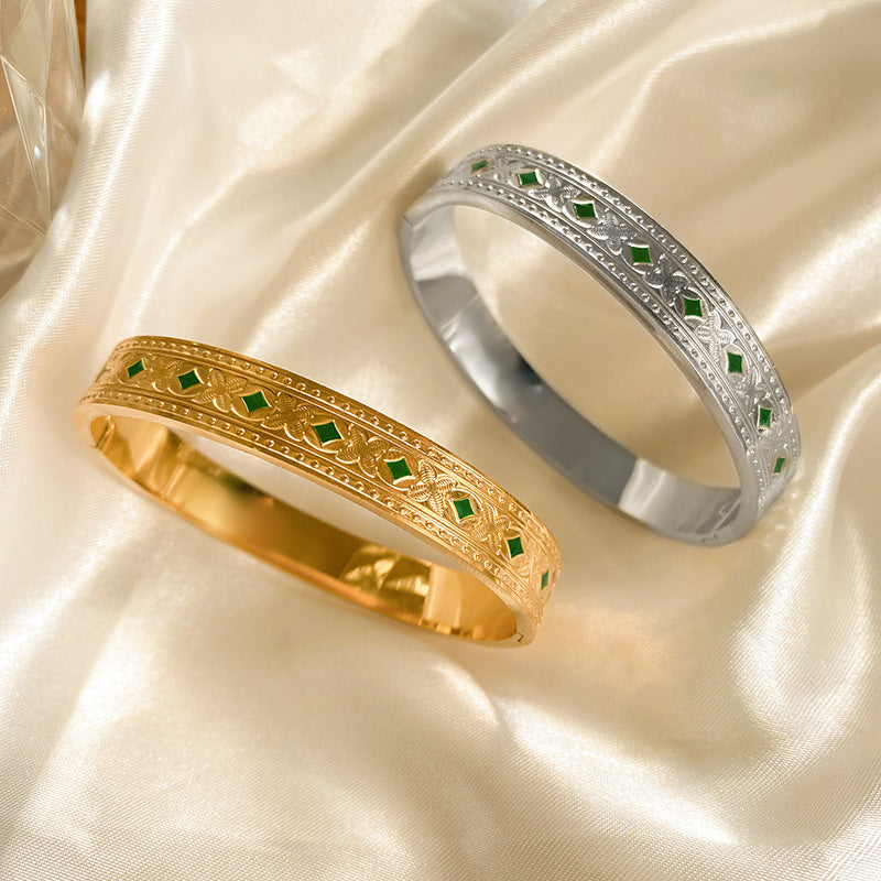 Vintage Geometric Green Cubic Zirconia Inlay Titanium Steel Cuff Bracelet