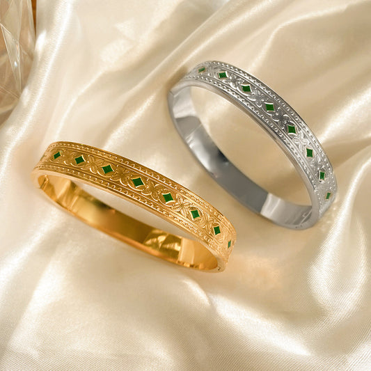 Vintage Geometric Green Cubic Zirconia Inlay Titanium Steel Cuff Bracelet