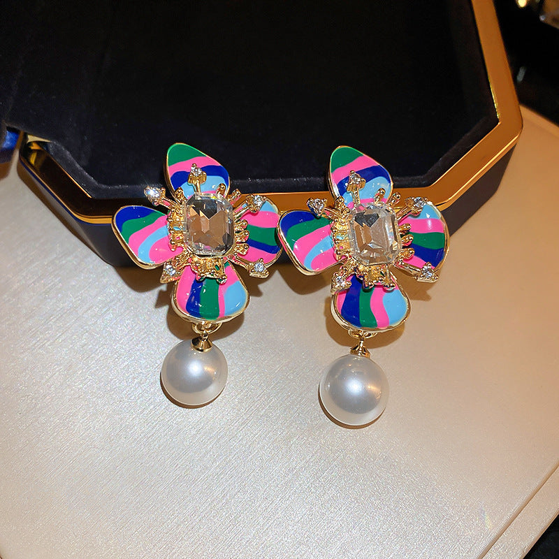 Vintage Floral Polka Dot Enamel Dangle Earrings in Alloy with Stainless Steel Posts for Women