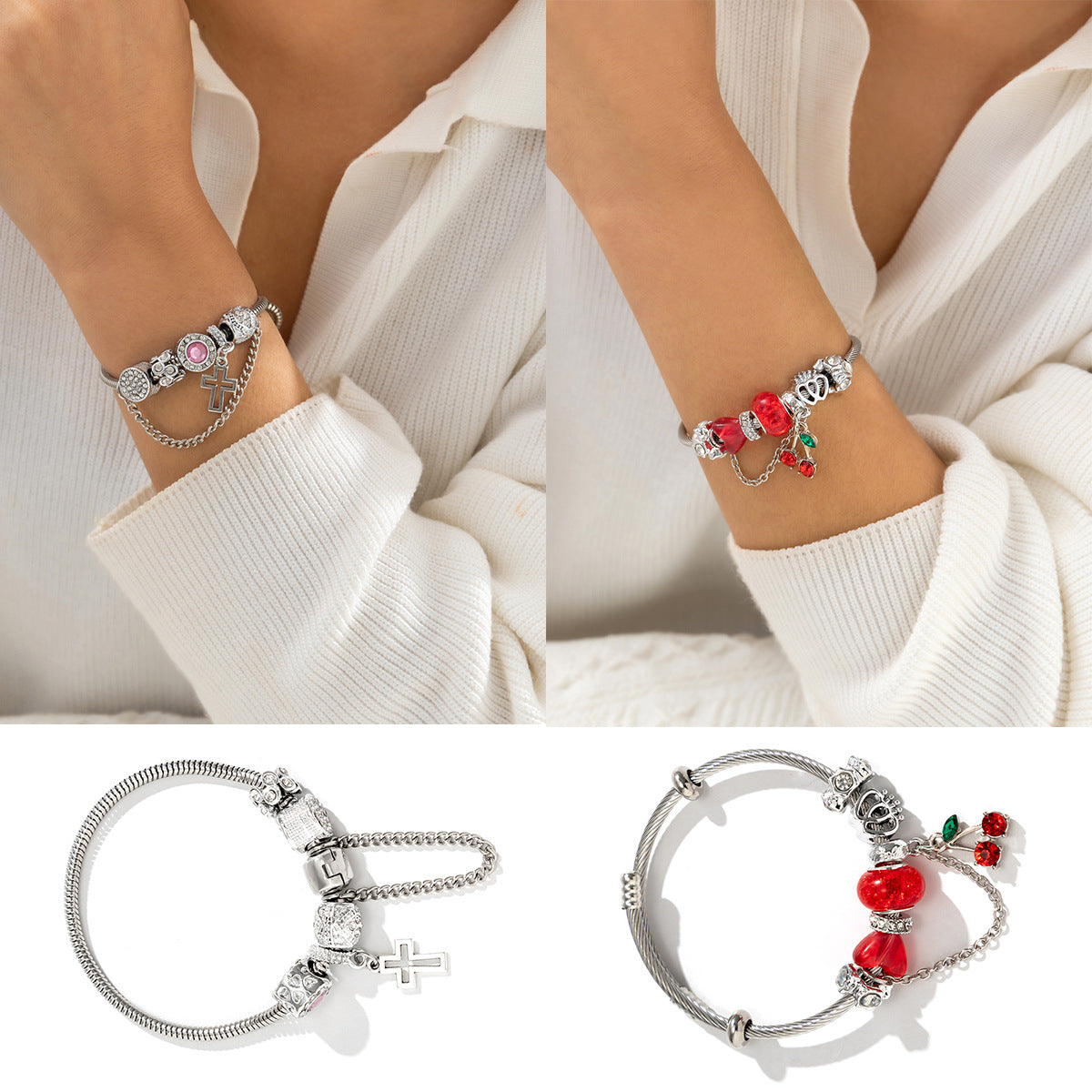 Pulsera geométrica de aleación con diseño floral rústico, dijes de ojos que brillan en la oscuridad y acabado antiguo