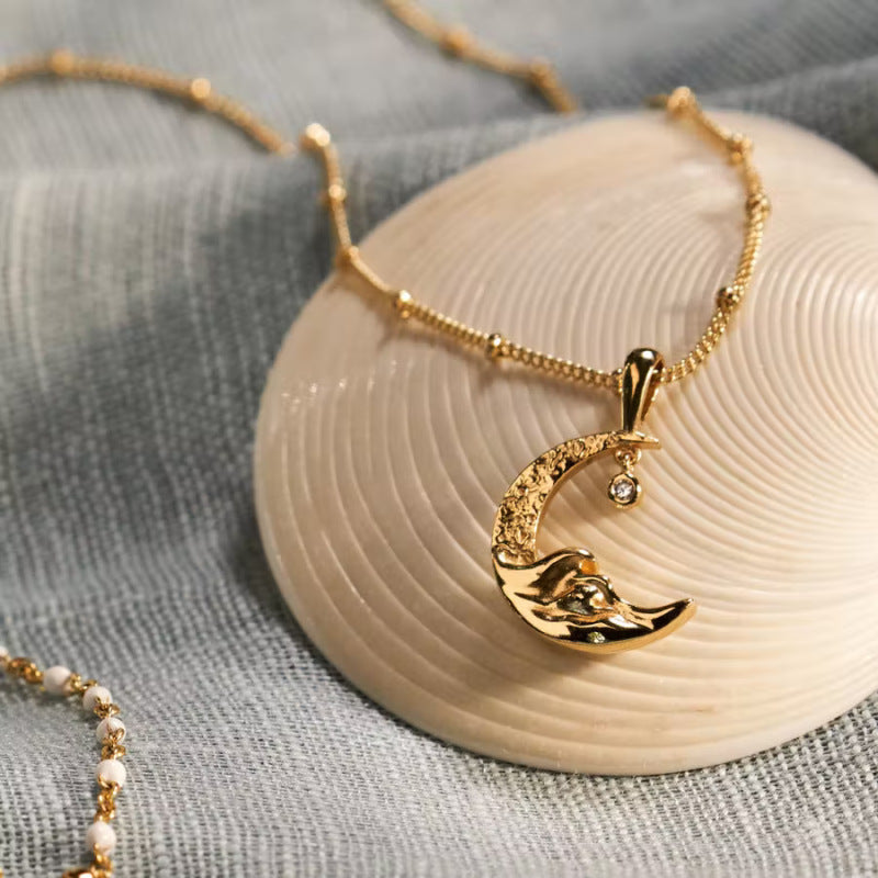 Minimalist Crescent Moon Pendant Necklace in Titanium Steel with Gold Plating, Delicate Star and Moon Motif on O-Chain for Women and Men