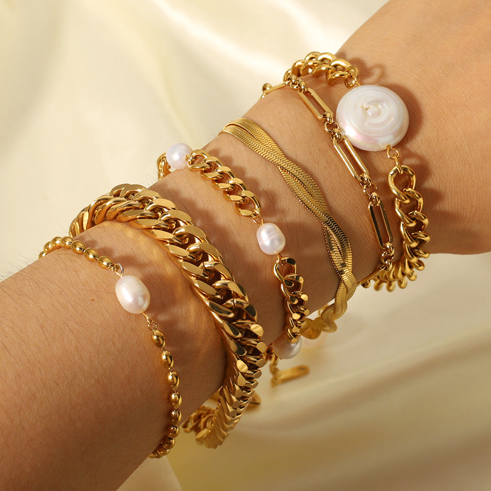 Geometric Style Gold Plated Stainless Steel Double Layer Cuban Bracelet with Pearl and Shell Accents Beach Inspired Unisex Bracelet